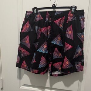 Men's Black Swim Shorts with Pink & Blue Geometric Print